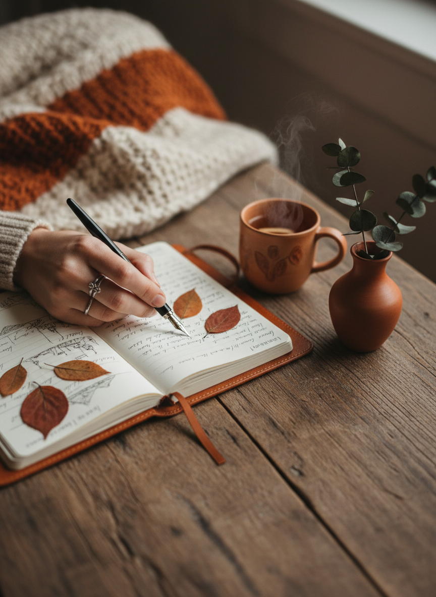 Hand die aantekeningen maakt in een reisdagboek op een houten tafel