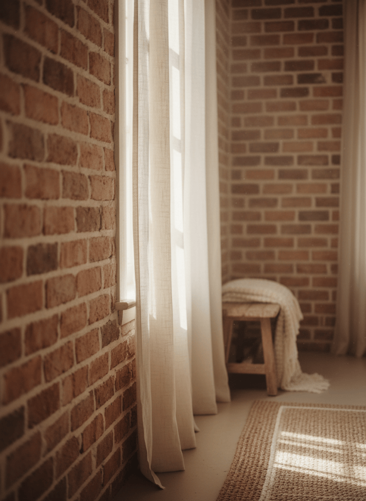 Warm sfeerbeeld in aardetinten van zonlicht dat over een bakstenen muur valt in een huiselijk interieur.