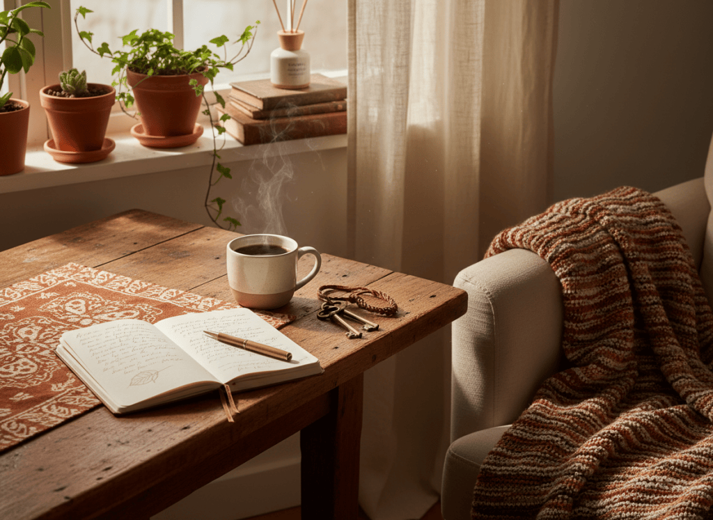 Warm stilleven in aardetinten: een houten tafel bij het raam met koffie, een open notitieboek en sleutels in zacht ochtendlicht.